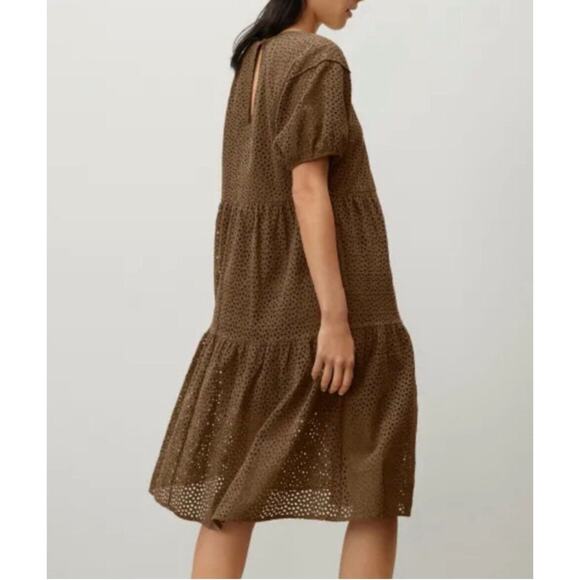 Everlane The Tiered Eyelet Dress Midi Cotton Walnut Brown Short Sleeve Sz Small - Picture 5 of 9